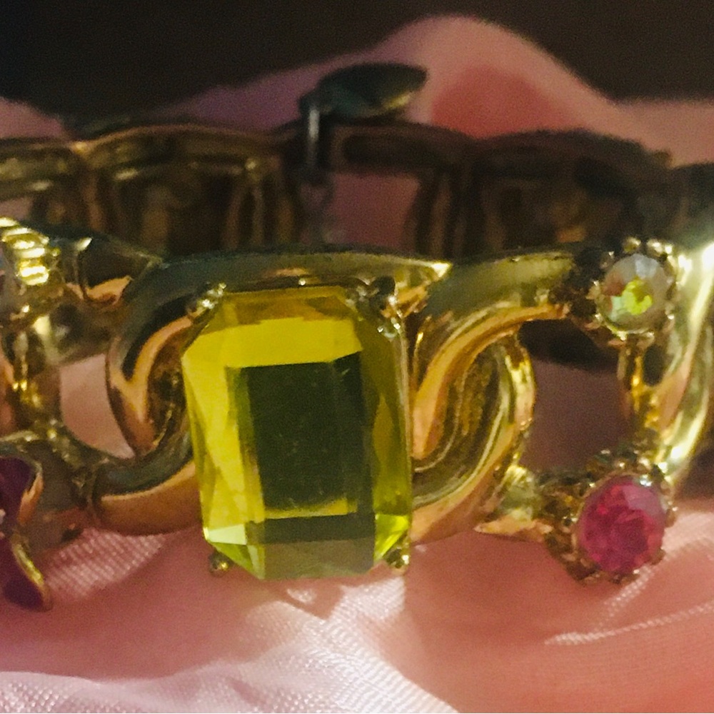 Betsey Johnson Gold Bracelet with Green and Pink Stones